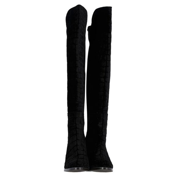 Stuart Weitzman Crocodile-Embossed Knee-High Heeled Boots in Black Velvet - Picture 5 of 12